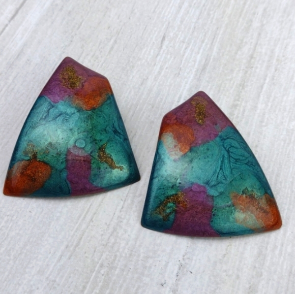 Crackled Turquoise & Metallic Copper Brown Enamel Abstract Brass Earrings - Picture 7 of 7